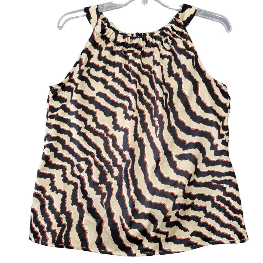 212 Collection Tan Black Animal Print Shirt Sleeveless Blouse Buttons Womens XS